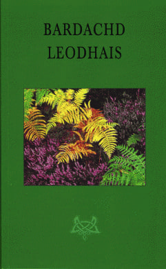 Dark green book cover with a photo of leaves with the titles Bàrdachd Leòdhais.